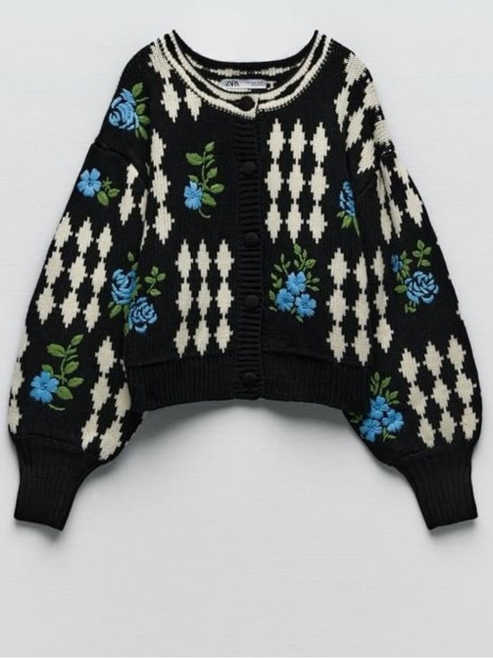 Zara Sweaters - ZARA WOMENS FLORAL CARDIGAN SWEATER BLUE BLACK MEDIUM 0021/122/050/M